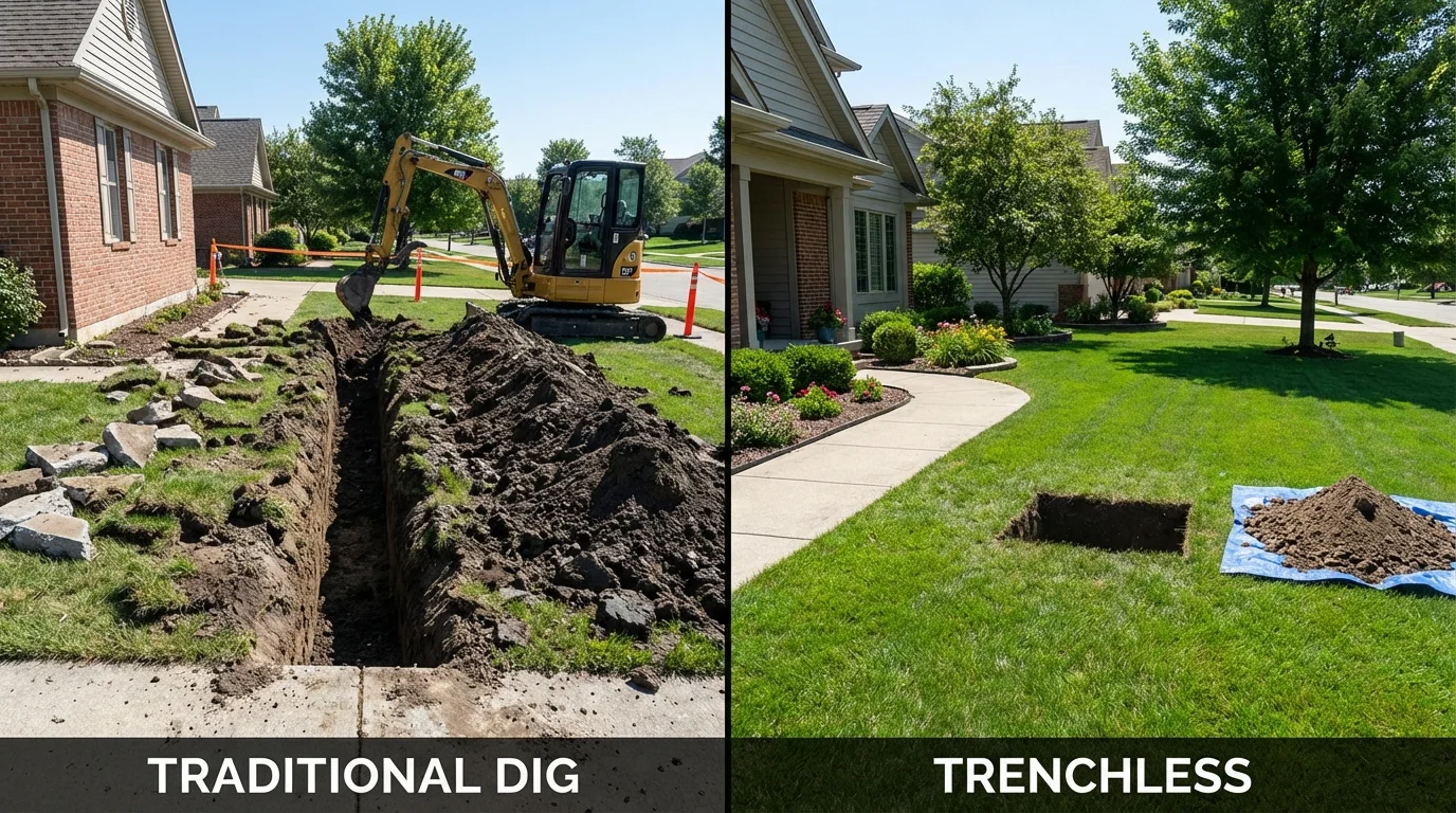 Trenchless sewer repair with minimal yard damage versus traditional excavation in Effingham, IL